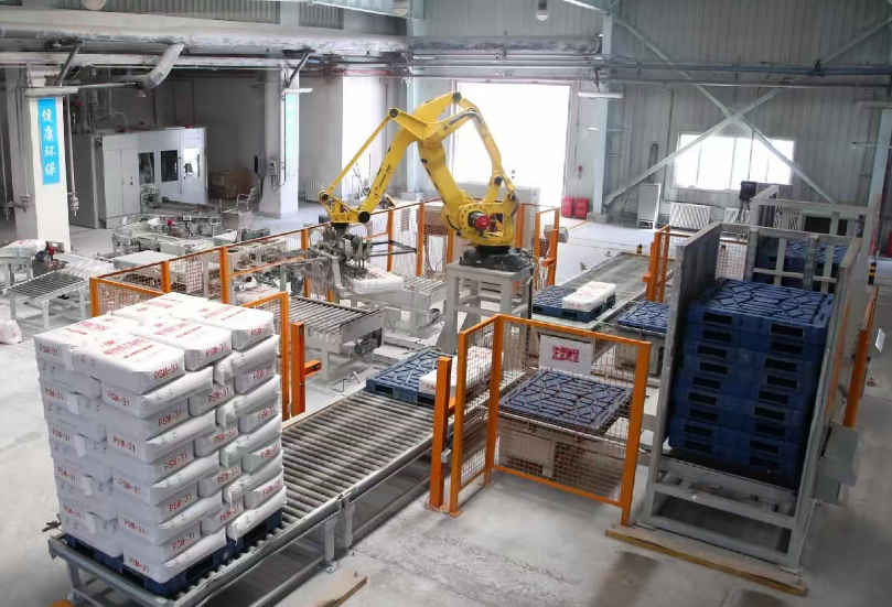 Standalone dry mortar packing, conveying and palletizing equipment